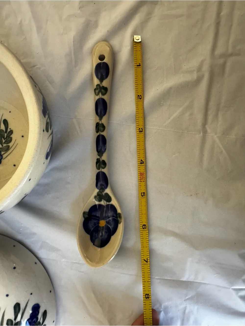 Polish Pottery Apple Blue Floral Ceramic Lidded Bowl with Leaf Crazing